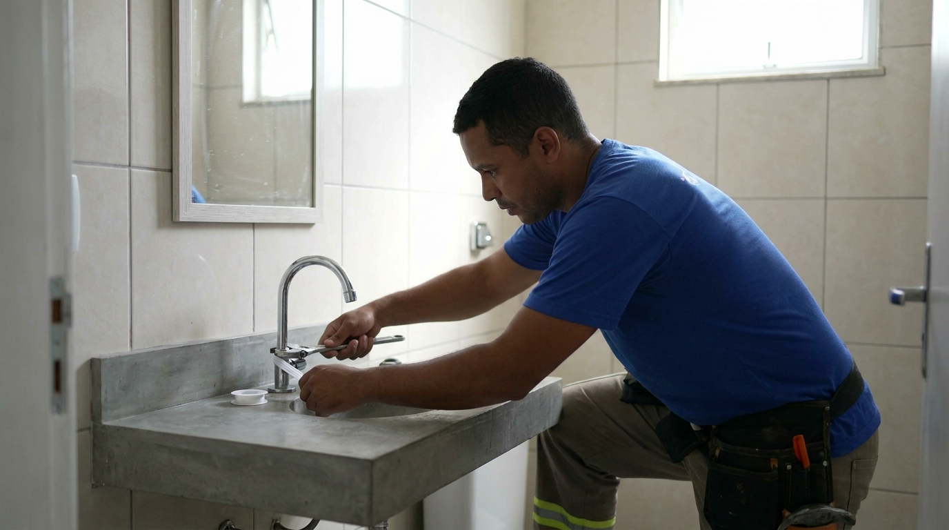 Encanador instalando torneira em Palhoça‑SC