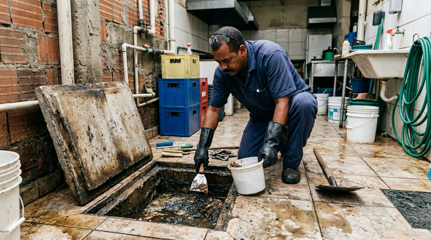 Limpeza de caixa de gordura residencial em Palhoça‑SC