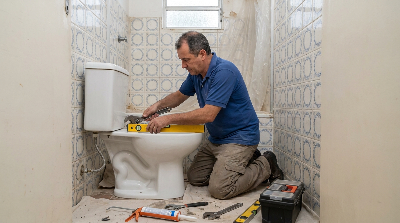 Técnico instalando vaso sanitário em Palhoça‑SC
