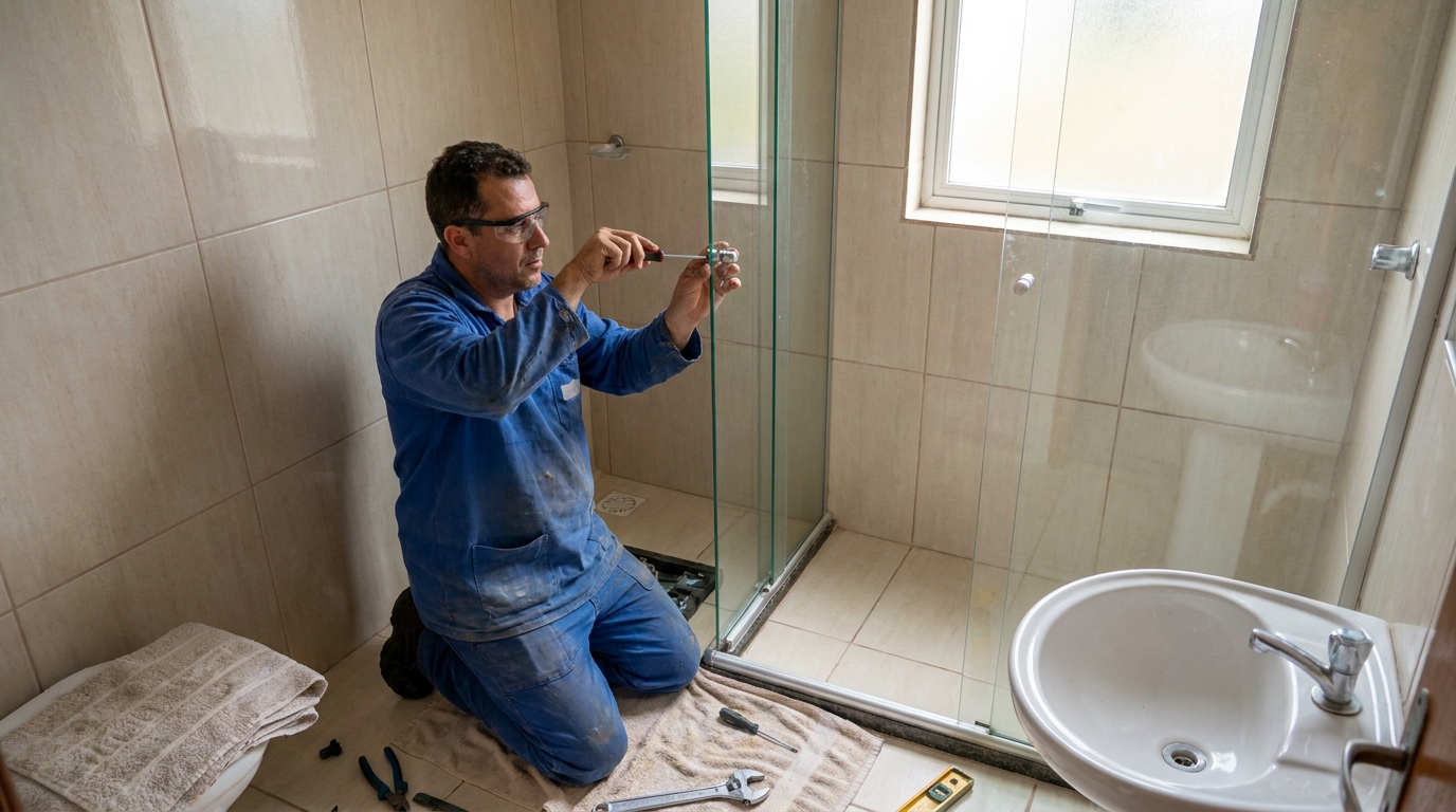 Técnico realizando manutenção de box em Palhoça‑SC